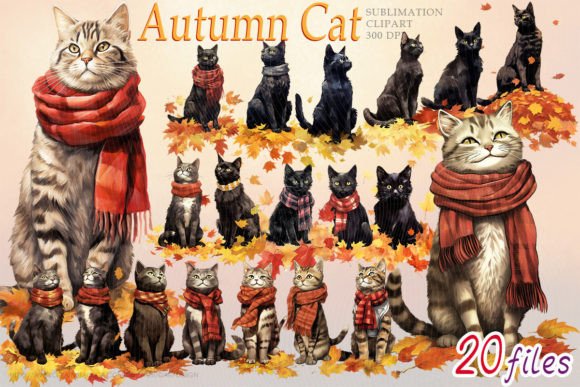 Download Autumn Cat Watercolor Bundle T-shirt PNG - Shirt Collection